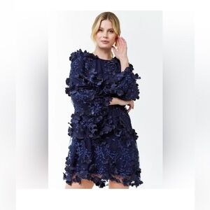 Mestiza Flora 3D Lace Midnight Blue Flare Long Sleeve Mini Dress